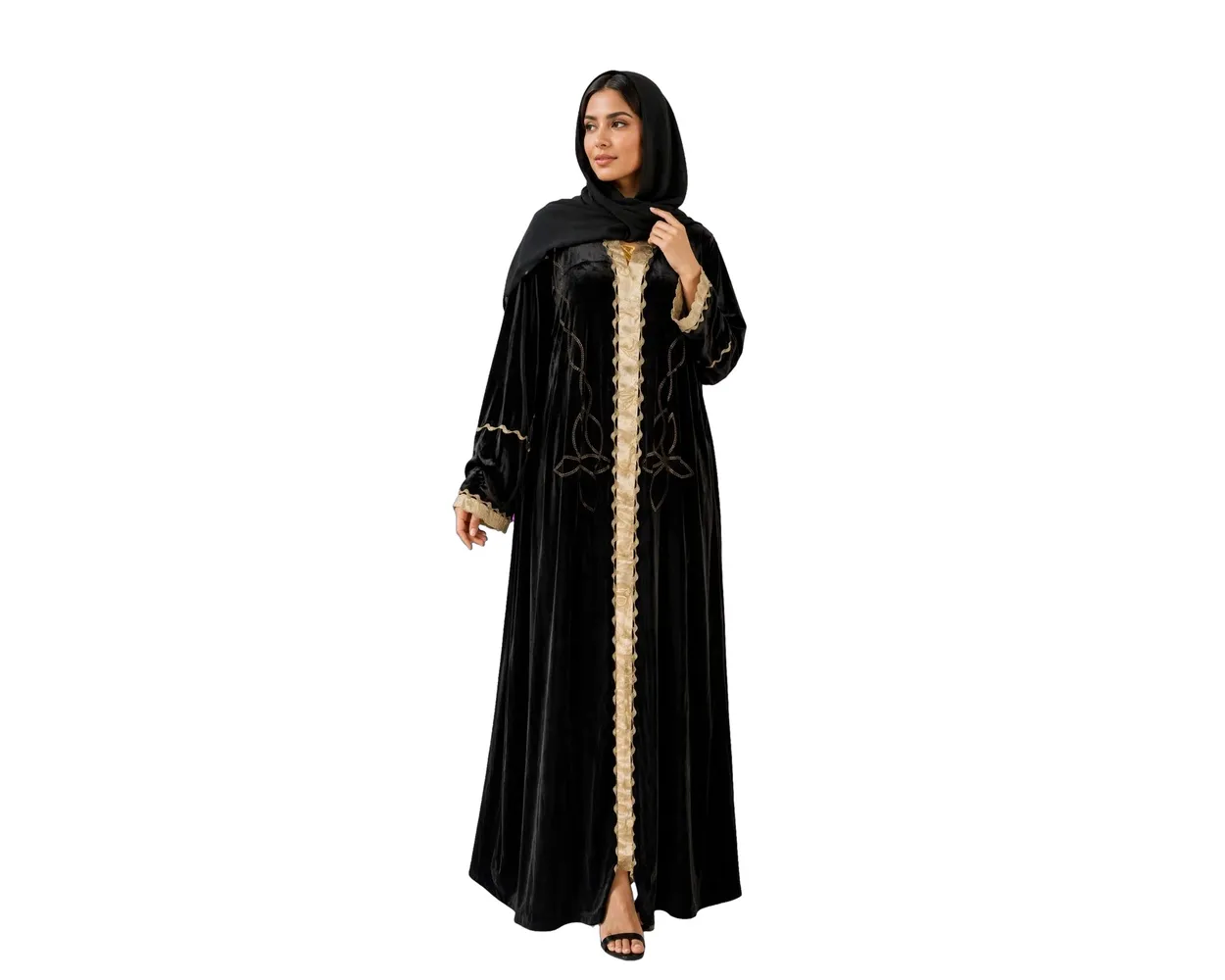 Premium Black Velvet Moroccan Djellaba / Abaya, designed to blend traditional North African modesty with modern, sophisticated evening styles