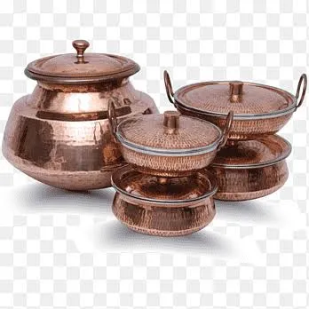 Traditional Indian copper serveware and cookware set,