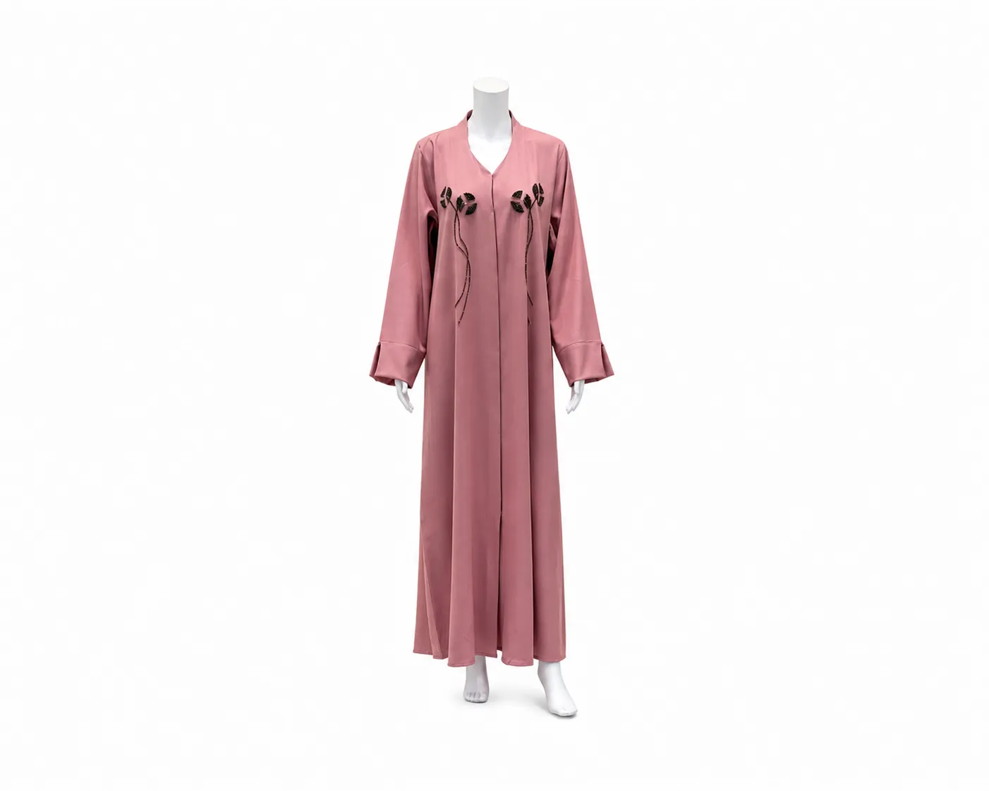 This outfit is elegant, front-open dusty rose abaya featuring specialized leaf embroidery and handwork detailing across the chest area