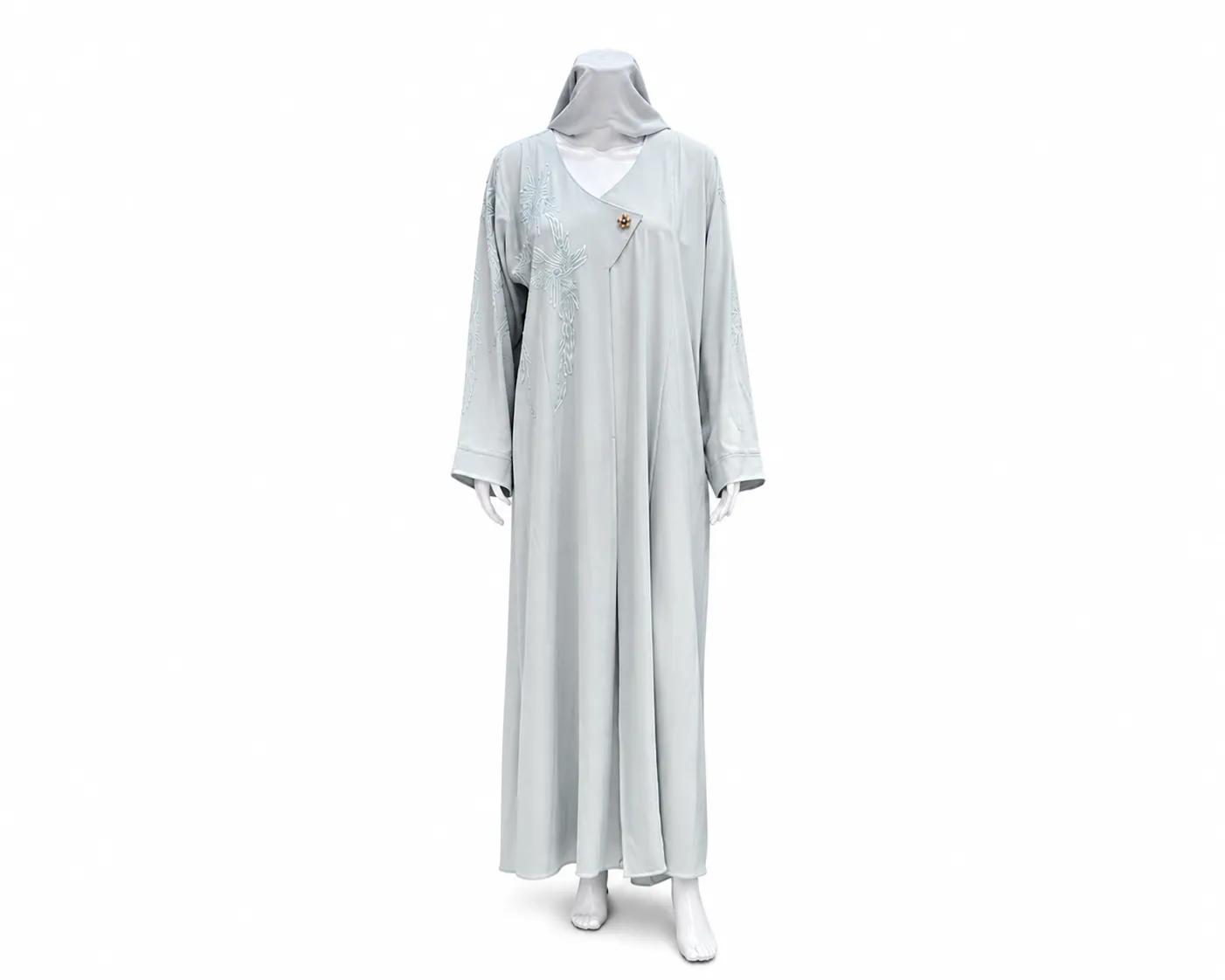 This outfit is a modern, full-length open-front abaya set paired with a matching hijab, styled in a muted light grey-blue tone