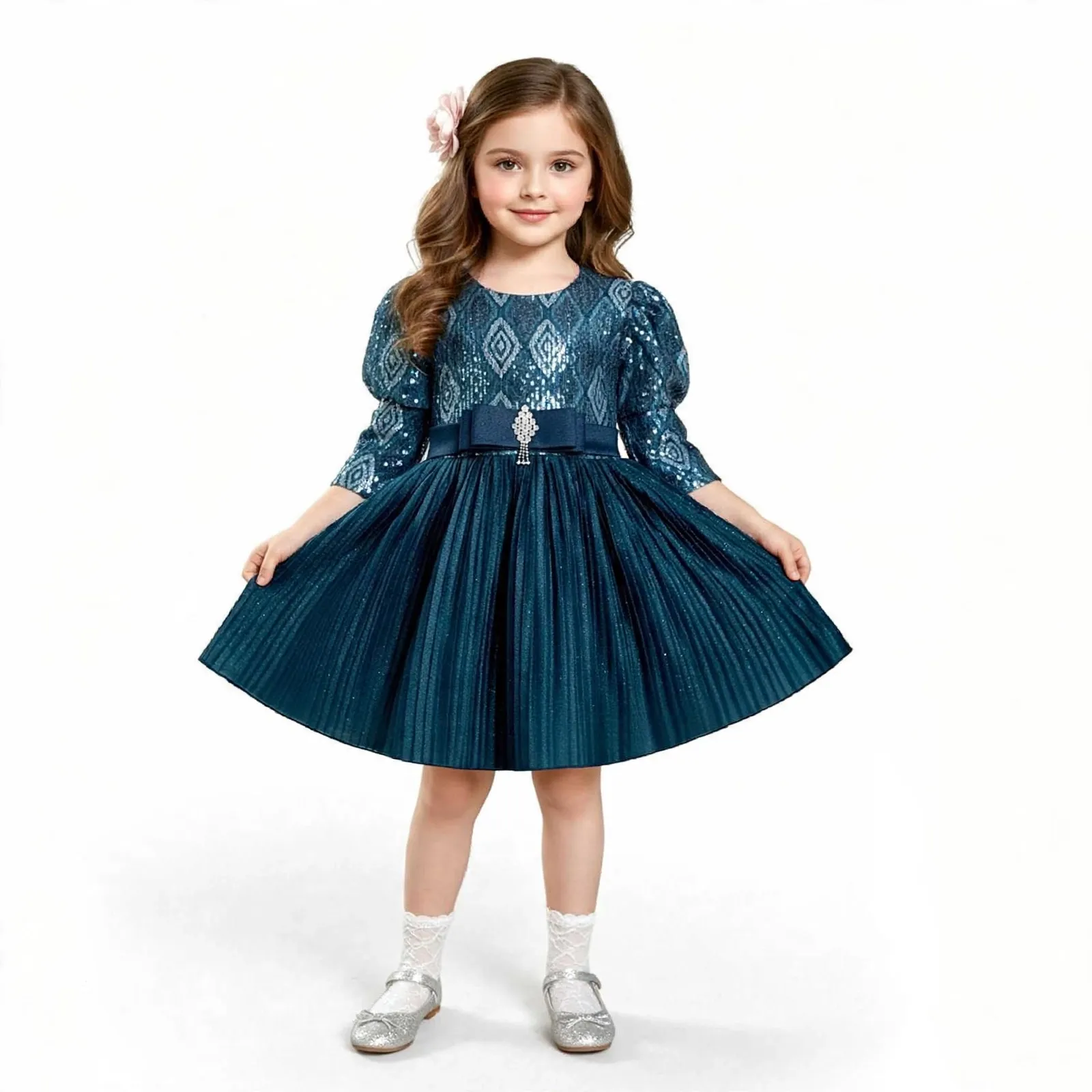 Teal green sequined party dress a festive fit-and-flare silhouette ideal for birthdays, weddings, or formal celebrations.