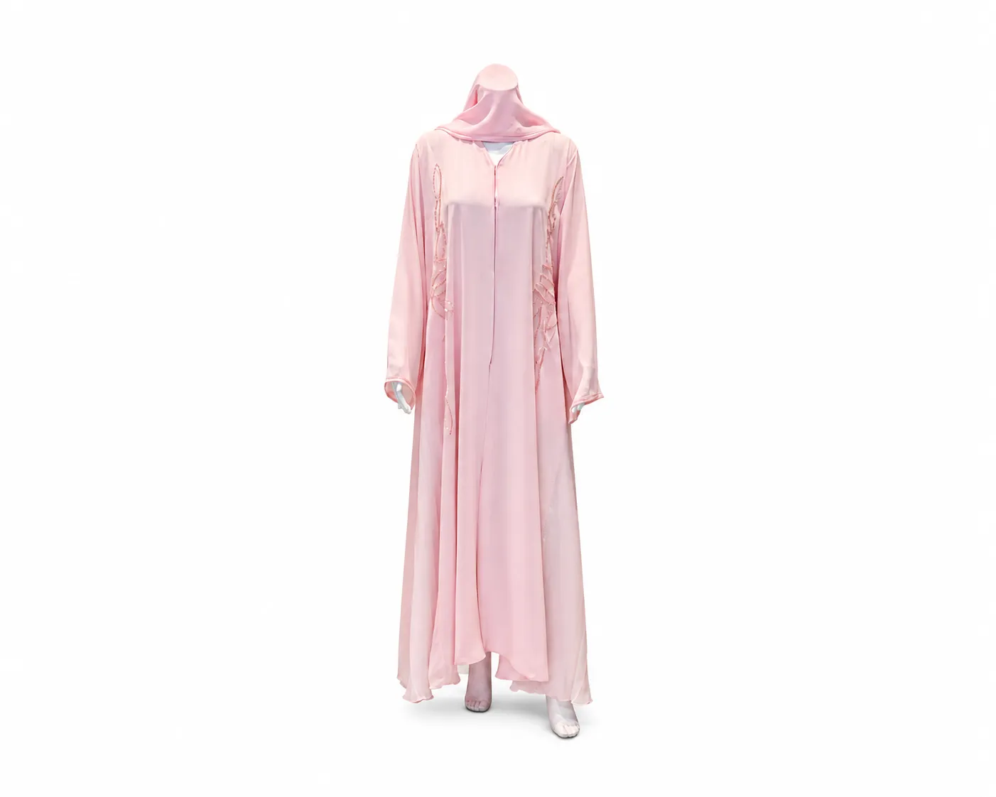 This outfit is a pastel pink open style abaya set paired with a matching hijab (headscarf). It is designed as elegant, modest formalwear or occasionwear.