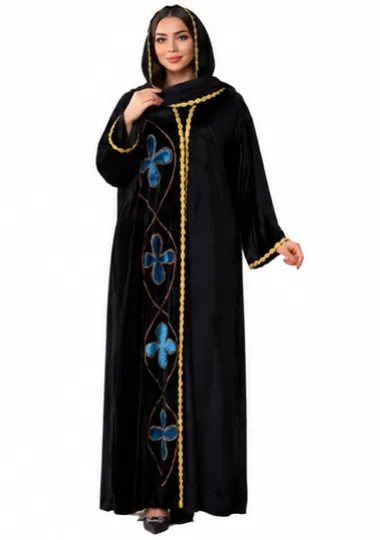 A black modest abaya dress featuring a plush, smooth texture that indicates it is made of velvet fabric